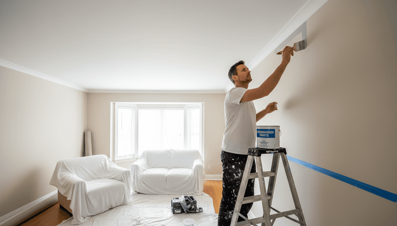 Painter cutting in near ceiling