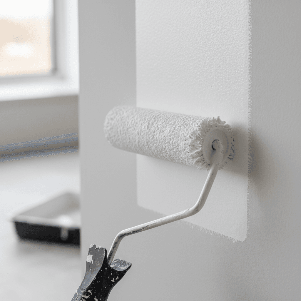 Paint roller applying paint to a wall