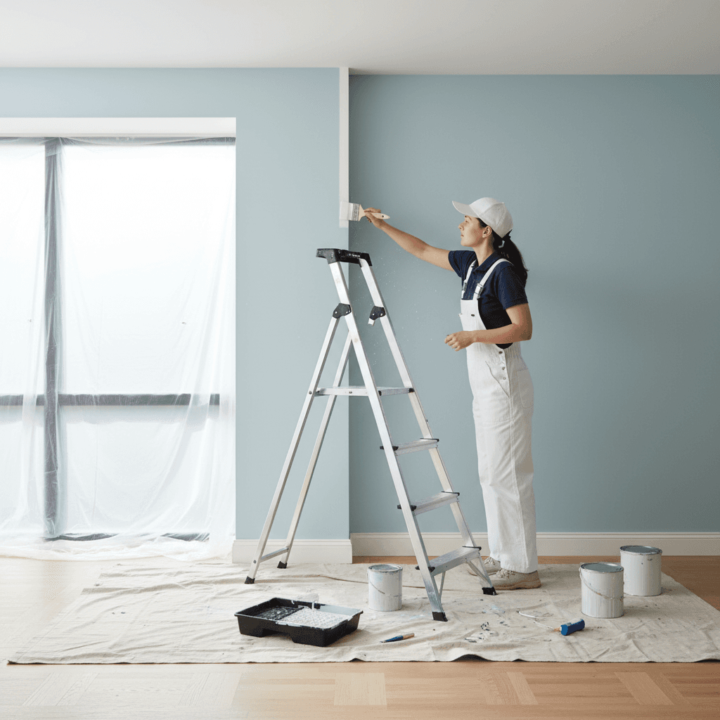 Paint brush cutting a clean edge along a ceiling line with a steady hand